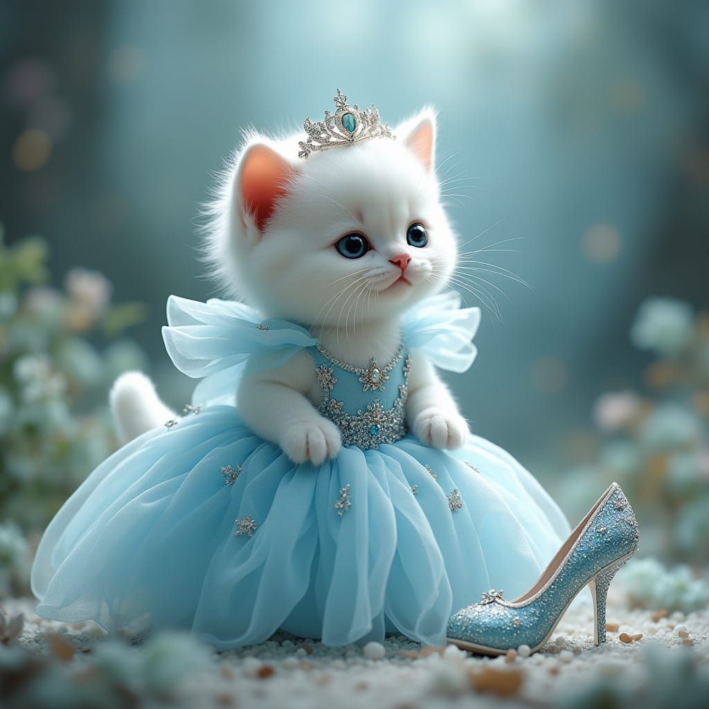 Scottish Fold Kitten in Cinderella Ball Gown Gazing at Glass...