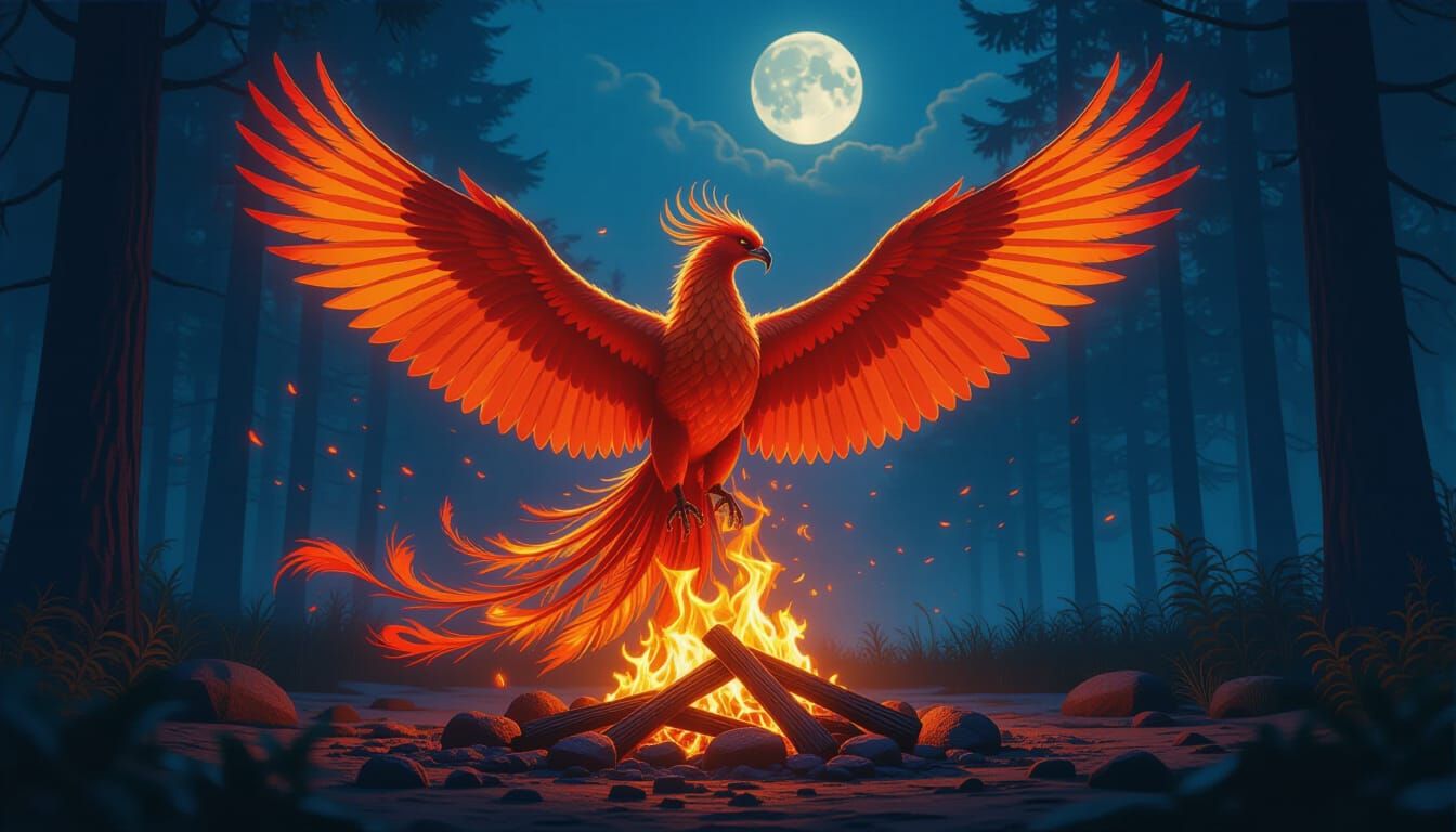 Flaming Phoenix Rising in Mystical Moonlight, Digital Art