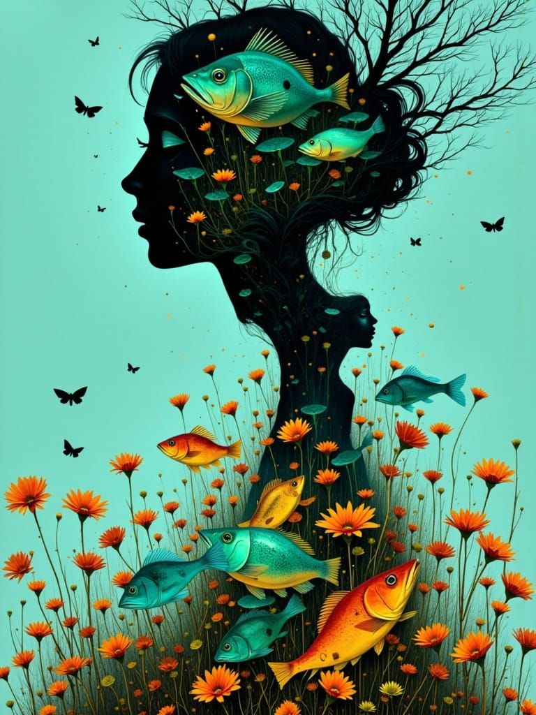 Surreal Woman with Fish in Abstract Double Exposure