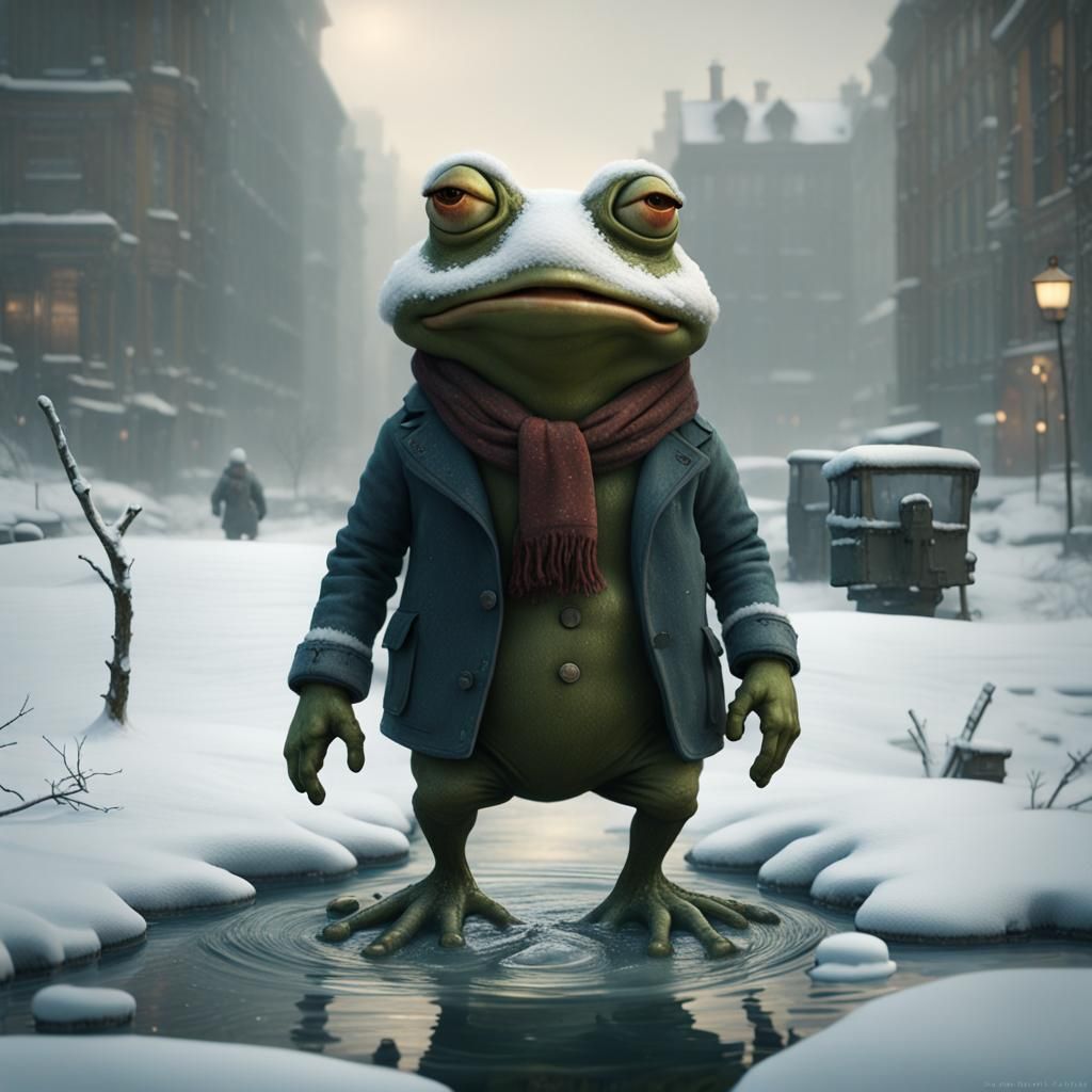 Human Frog Builds Snowman in Winter Riverscape