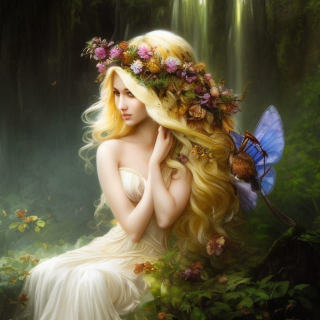 Flower fairy with the most beautiful long hair in Elveden forest
