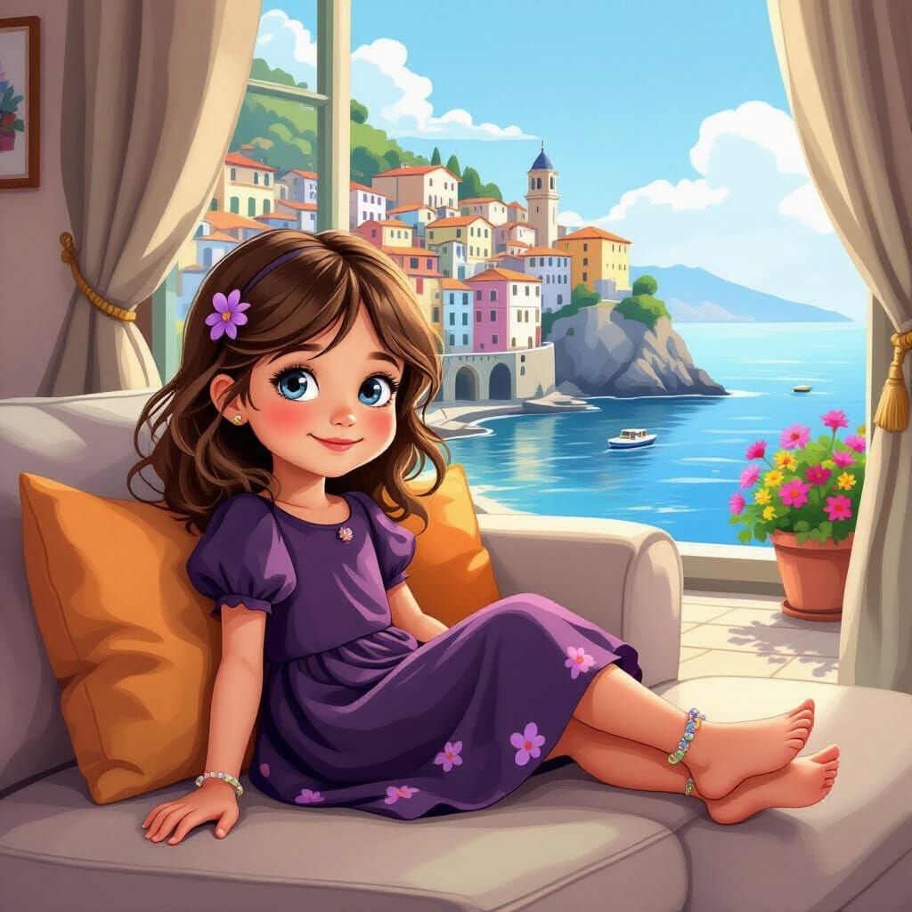 Cartoon Girl on Couch with Italian Town View