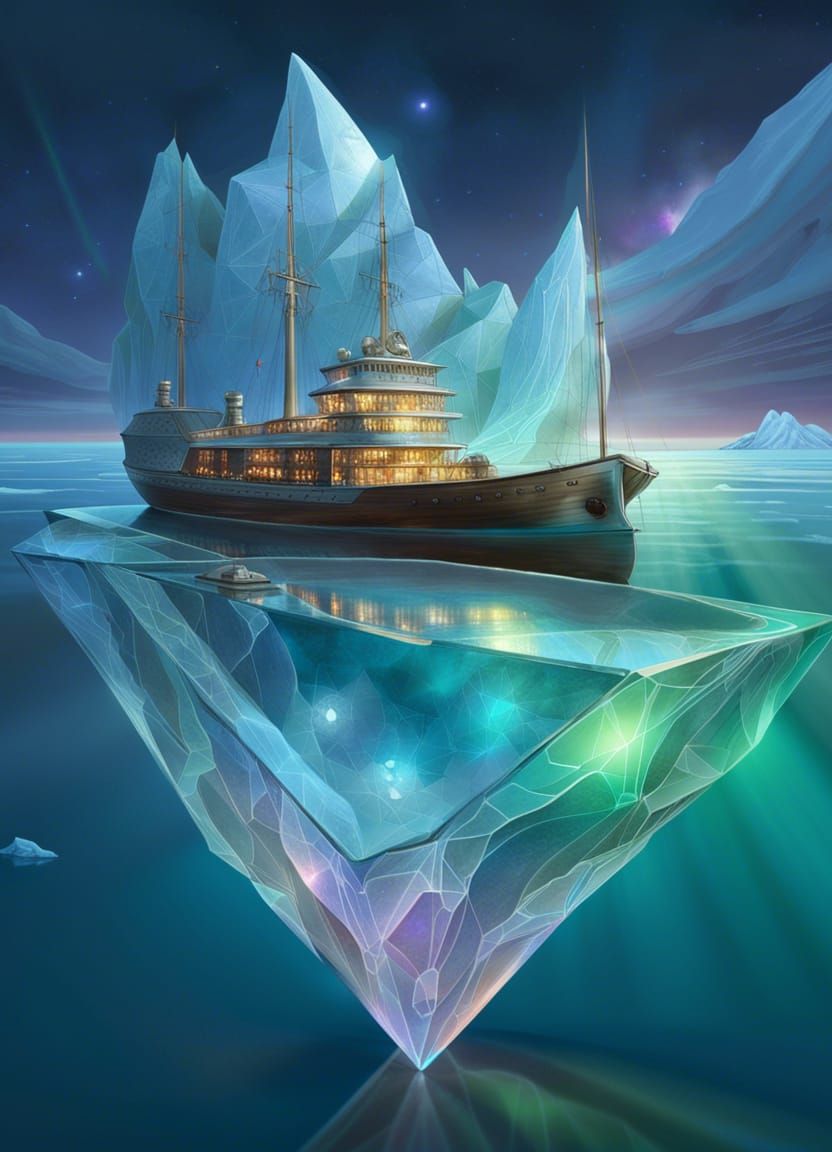 Glass Ship and Iceberg Under Aurora Borealis