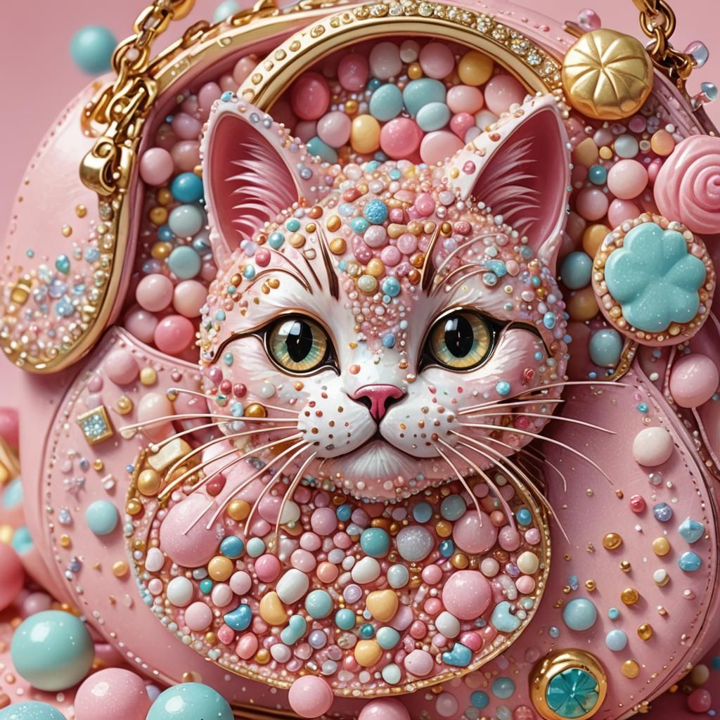 Cat Purse Made of Pink Sugar: Whimsical Fantasy Art