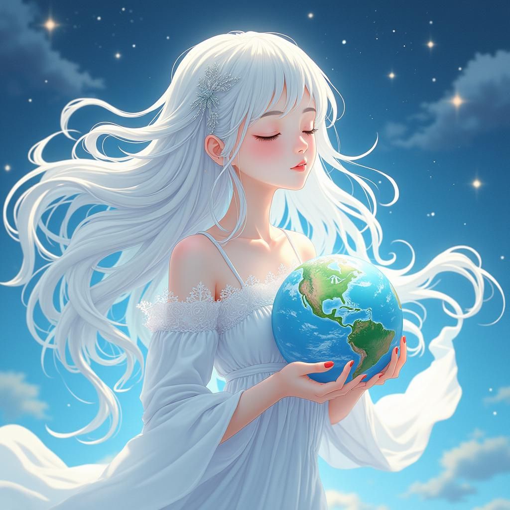 Goddess in Space Holding Earth: Anime Art Style