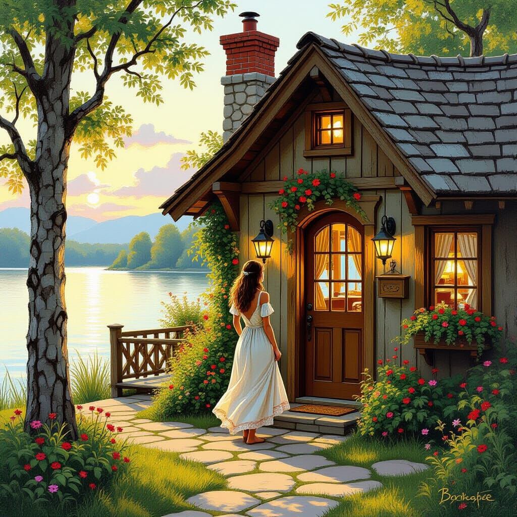 Charming Lakeside Cottage with Woman in Storybook Style