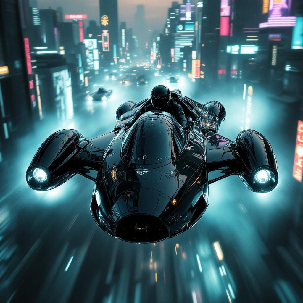 Cyberpunk Aircycle Soaring Through Neon Cityscape