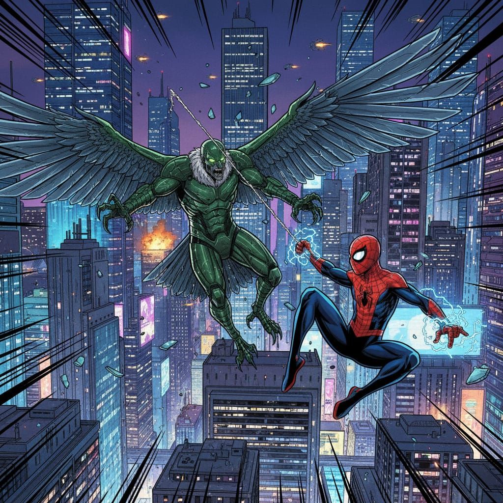 Spider-Man Fights Vulture in Futuristic Cityscape