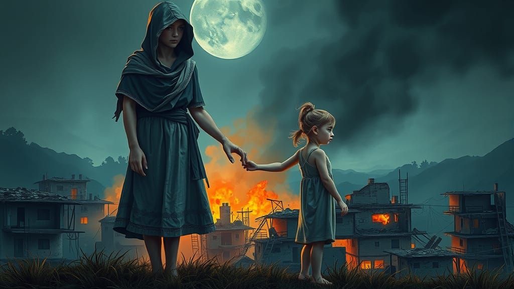 Young Girl and Mysterious Figure Gaze Upon a Devastated Town...