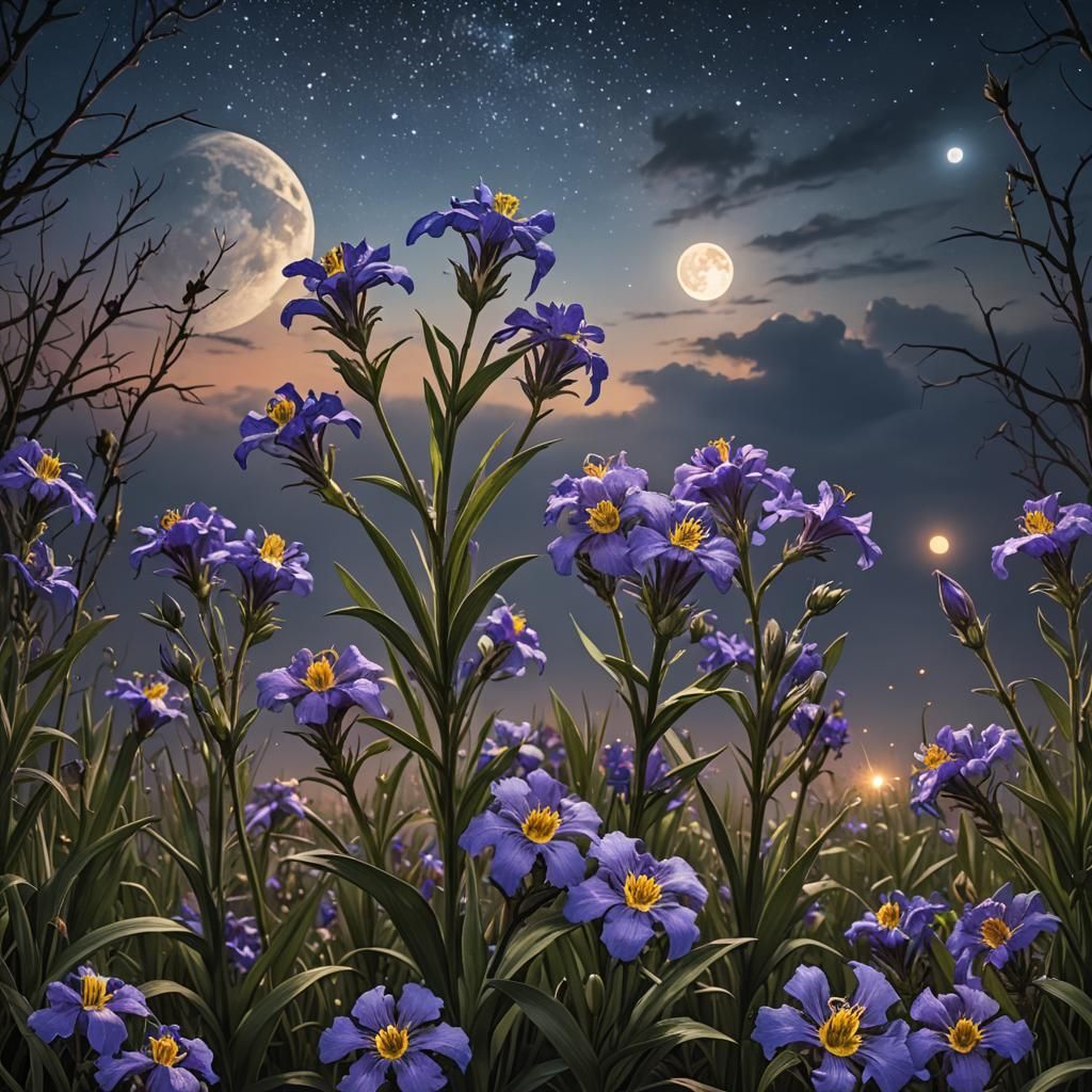 Spiderwort Flowers Under Moonlight: Digital Matte Painting