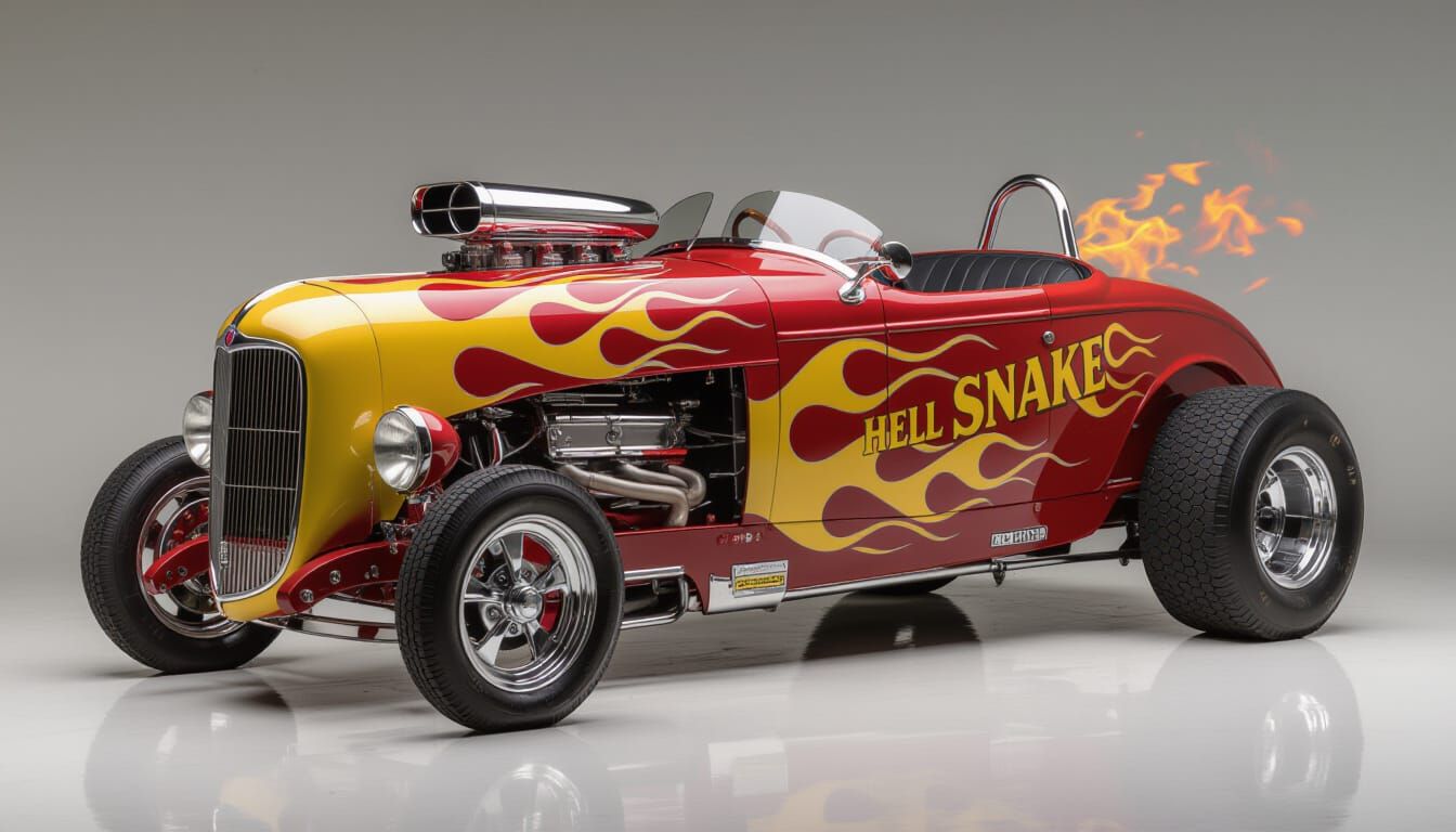 Gleaming "HELL SNAKE" 1950s Rail Dragster in Studio Light