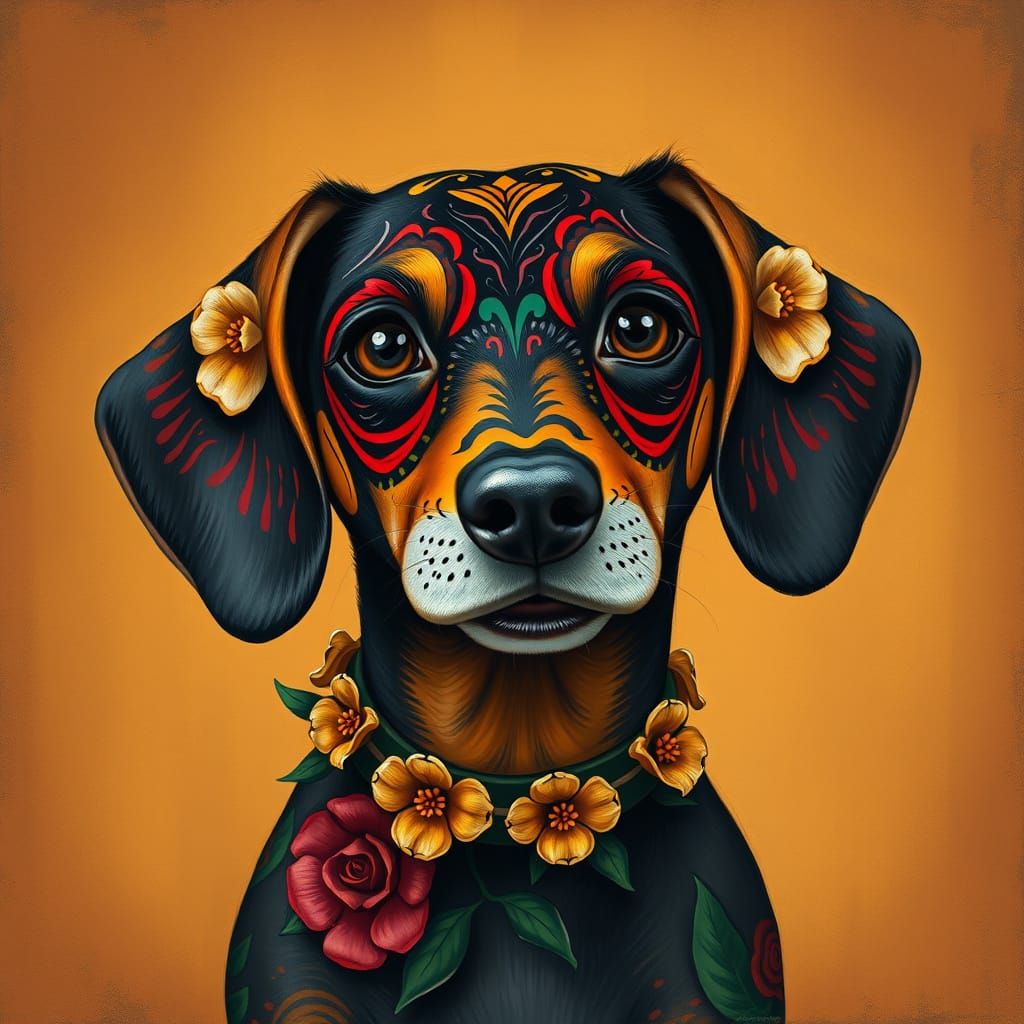 Dachshund Celebrates Día de los Muertos in Bold Folk Art Sty...
