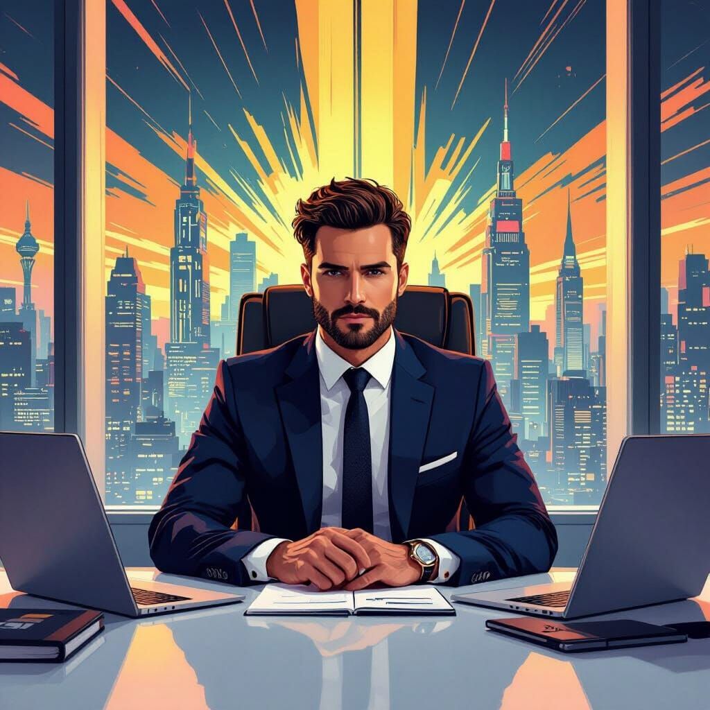Confident Entrepreneur in Futuristic Office, Ash Thorp Style