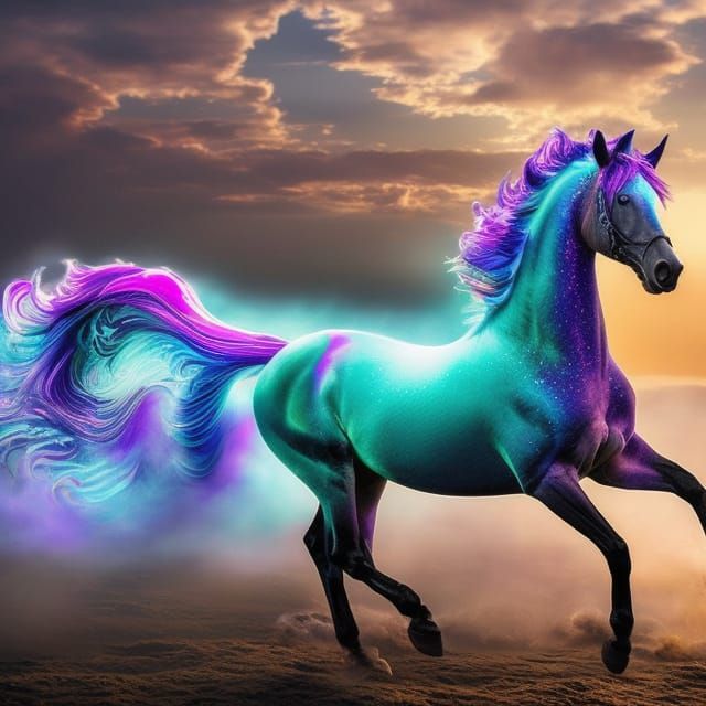 Iridescent Cosmic Horse Galloping on Stormy Beach
