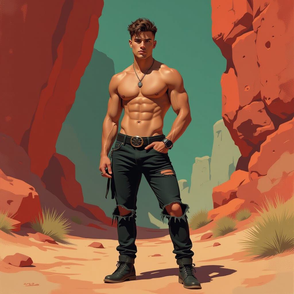 Athletic Man Posing Against Rock Formation, Digital Painting
