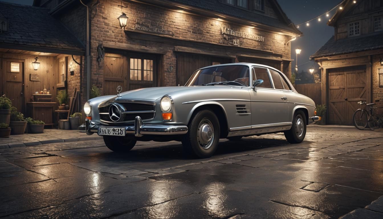 Silver Mercedes Benz Oldtimer at Night in 3D