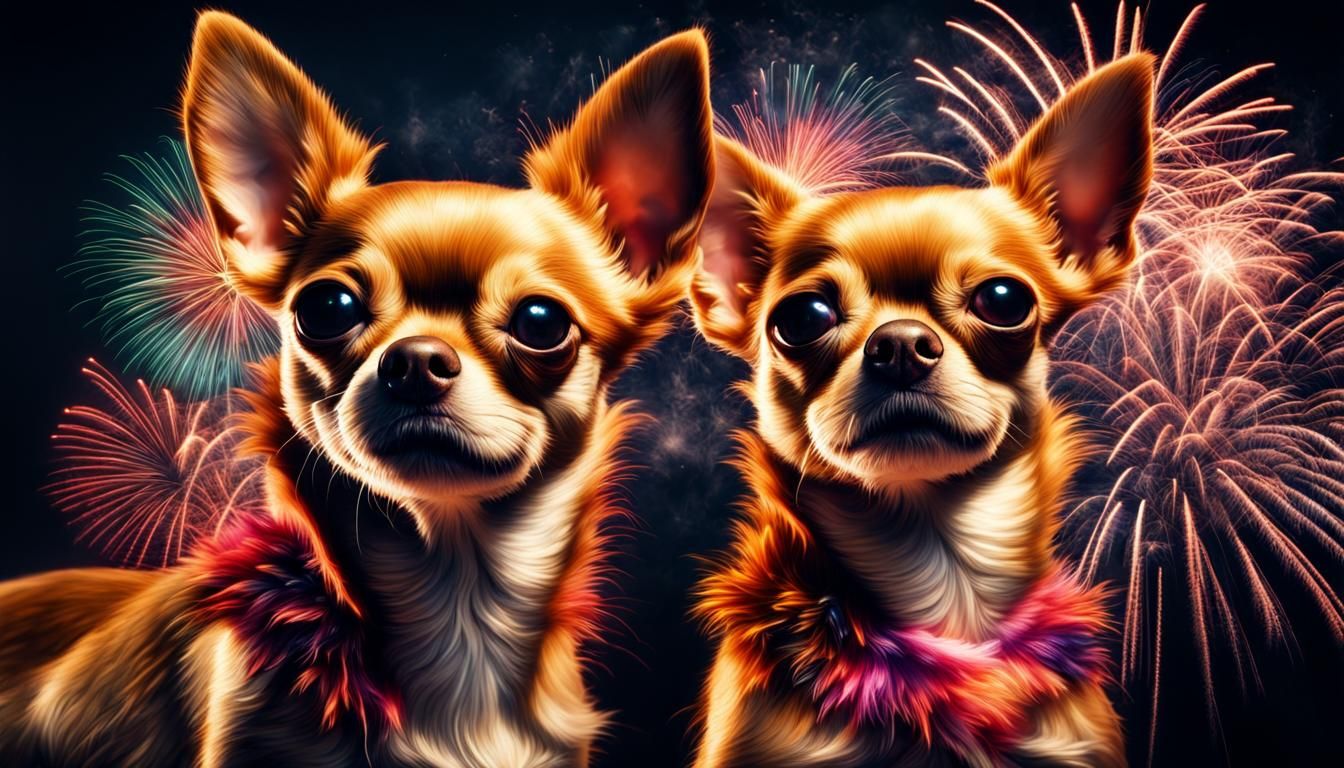 Hyperrealistic Fireworks Display of Chihuahua Dogs