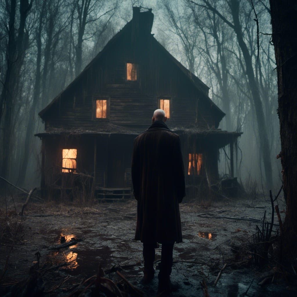 Mysterious Man in Forest Cabin Cinematic Still