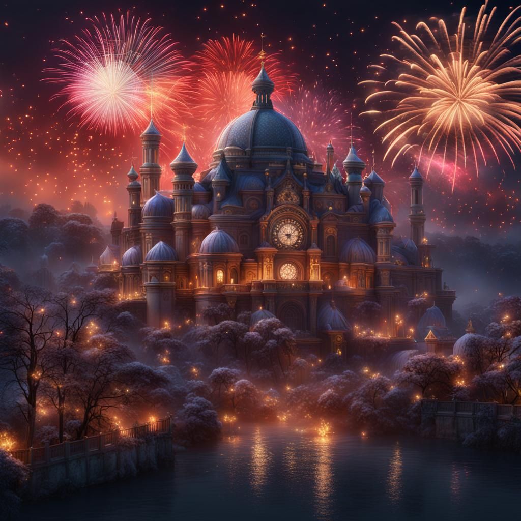 New Year Fireworks Display in Detailed Matte Painting