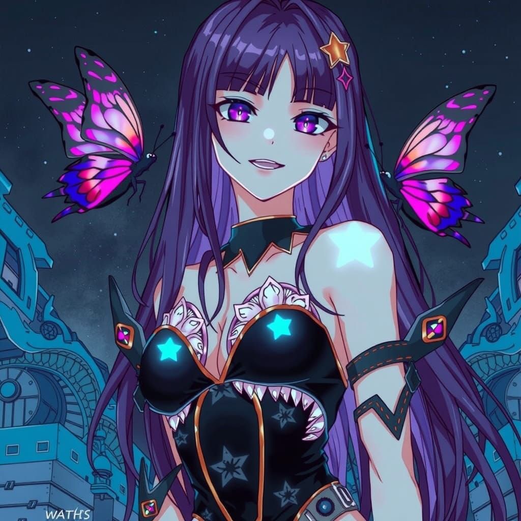 Anime Girl Ensnared by Purple Butterfly in Dark, Vibrant Aes...