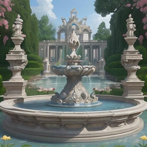Baroque Aquarius Fountain in a Flowering Garden