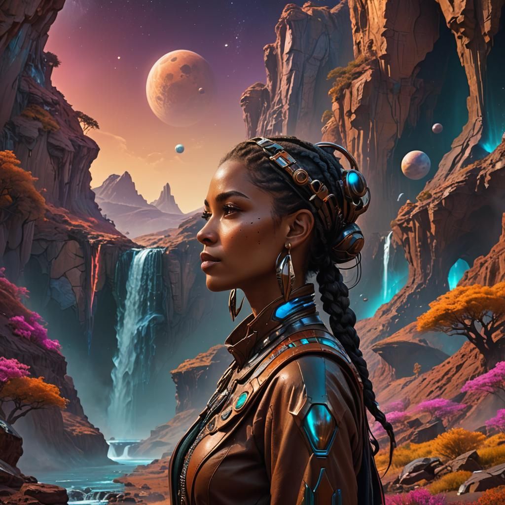 Brown Woman on Alien Planet in Detailed Matte Painting