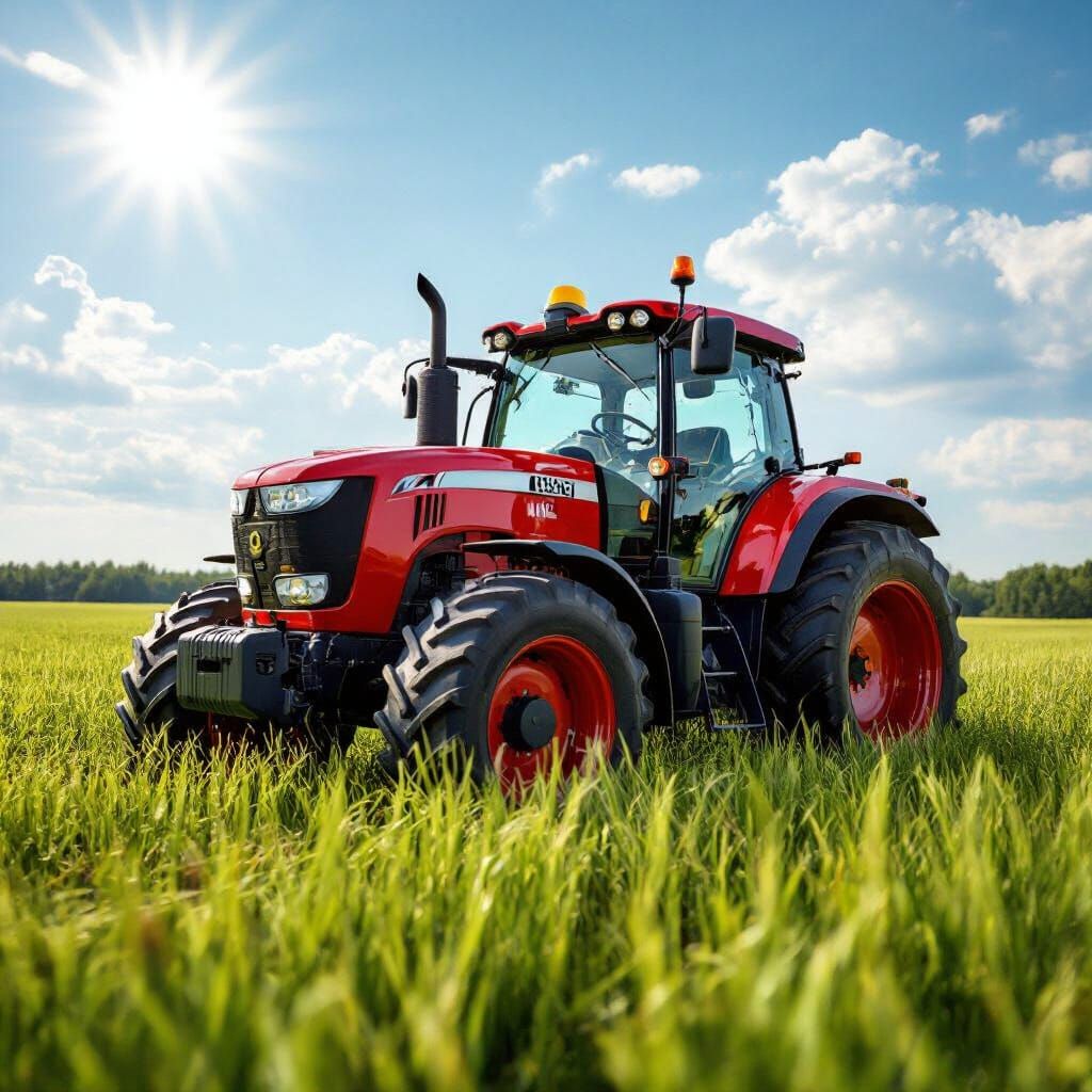 Tractor Mows Lush Green Grass on Sunny Day