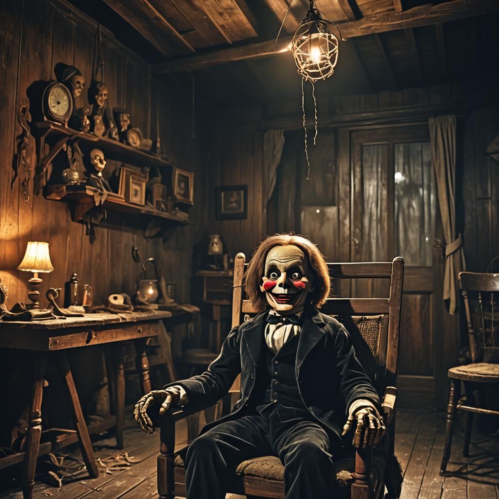 Eerie Attic Ventriloquist Dummy in Dark Fantasy Style