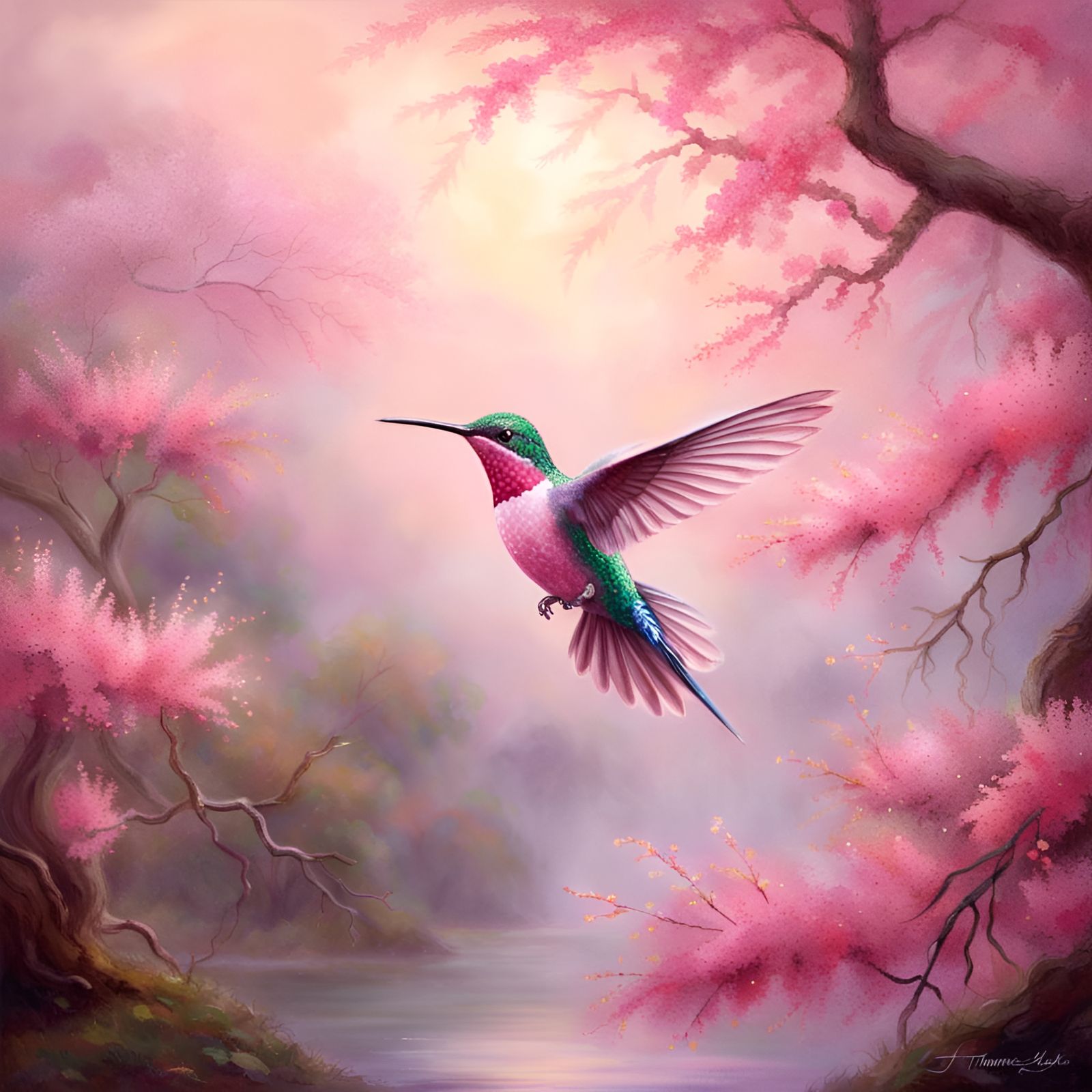 Pink Hummingbird in Cherry Blossom Fantasy