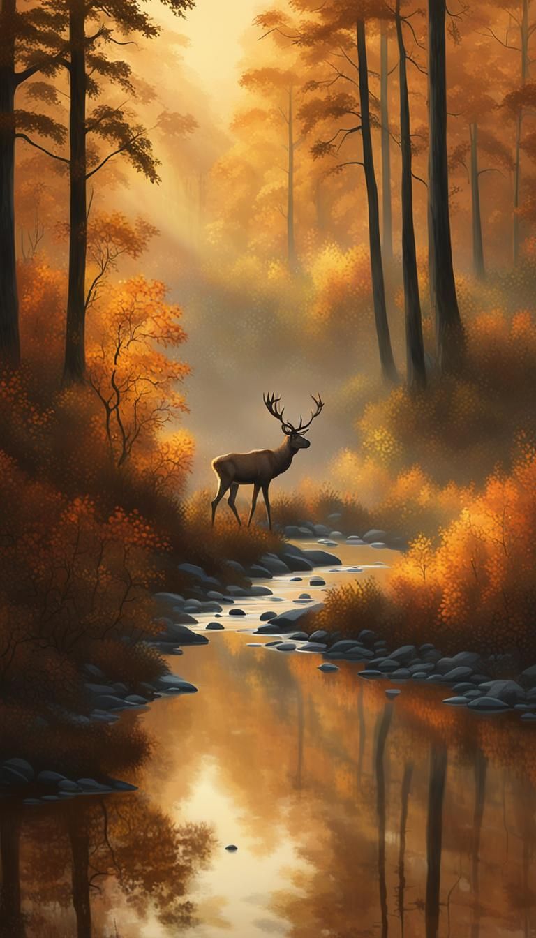 Caribou in Amazonian Forest: An Impressionistic Autumn Lands...