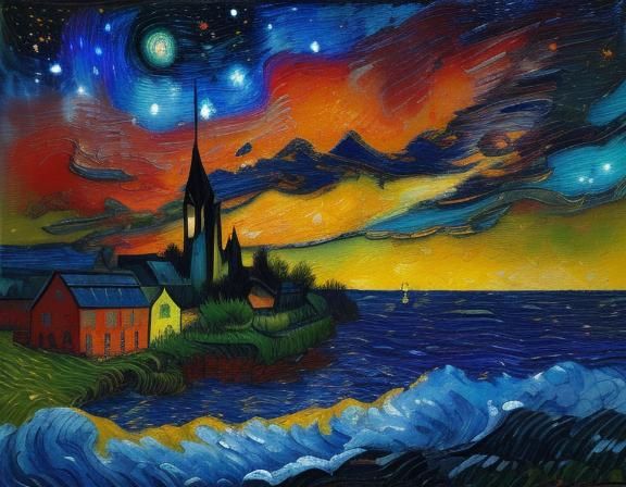 Swirling Starry Night Village as Impasto Painting