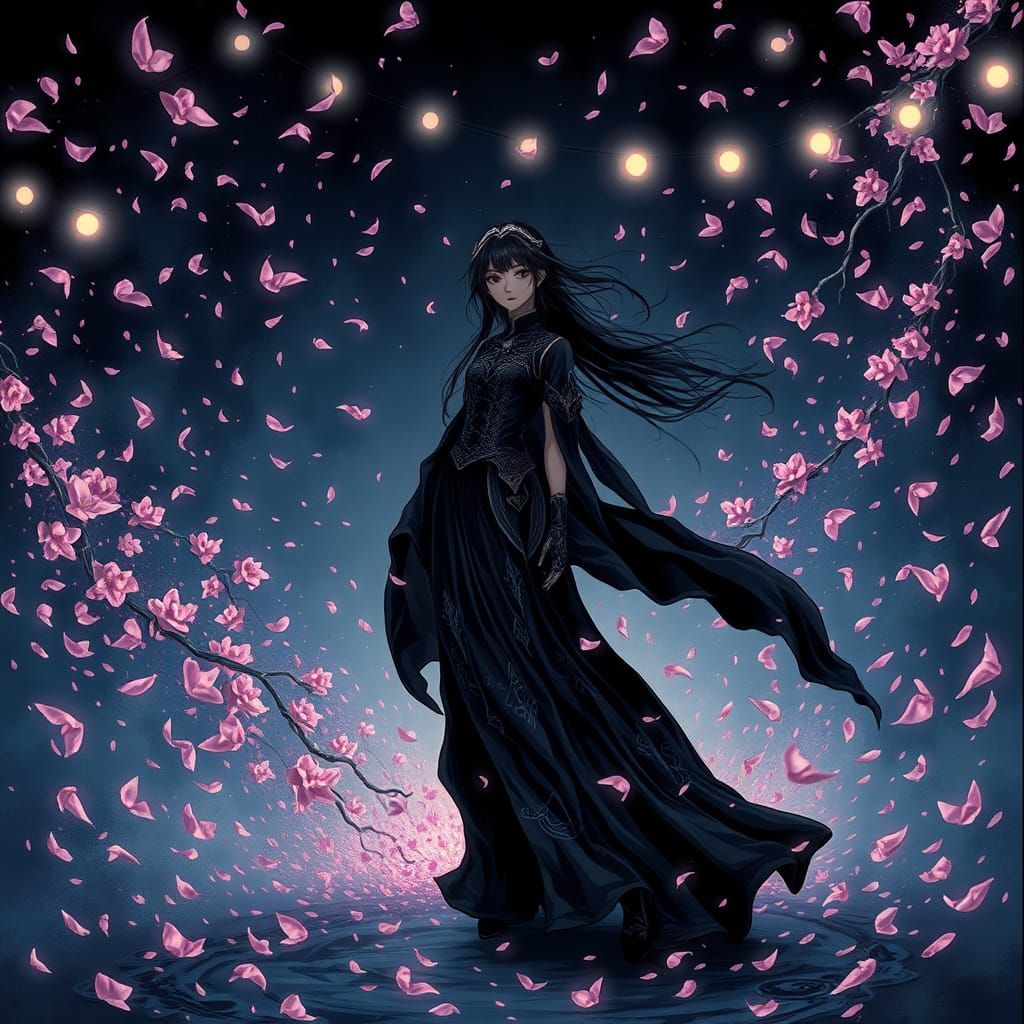 Ethereal Gothic Ballerina Amidst Sakura Petal Storm