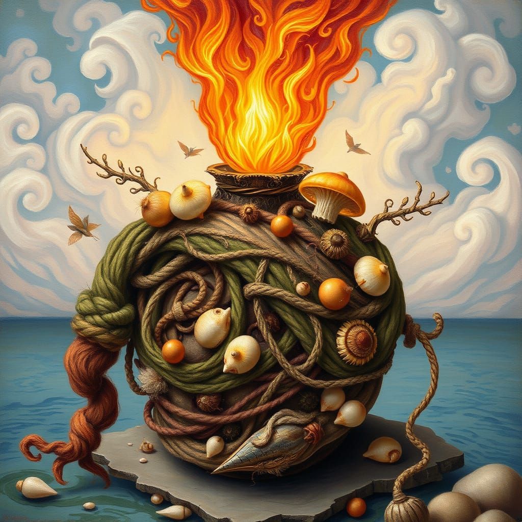 Whimsical Durer-Inspired Painting of Twisted Pocket Vessel T...