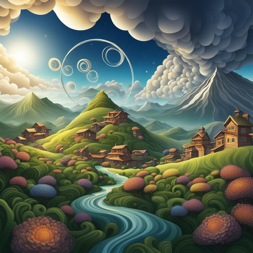 Mountain Village with Ring Plant in Swirling Sky