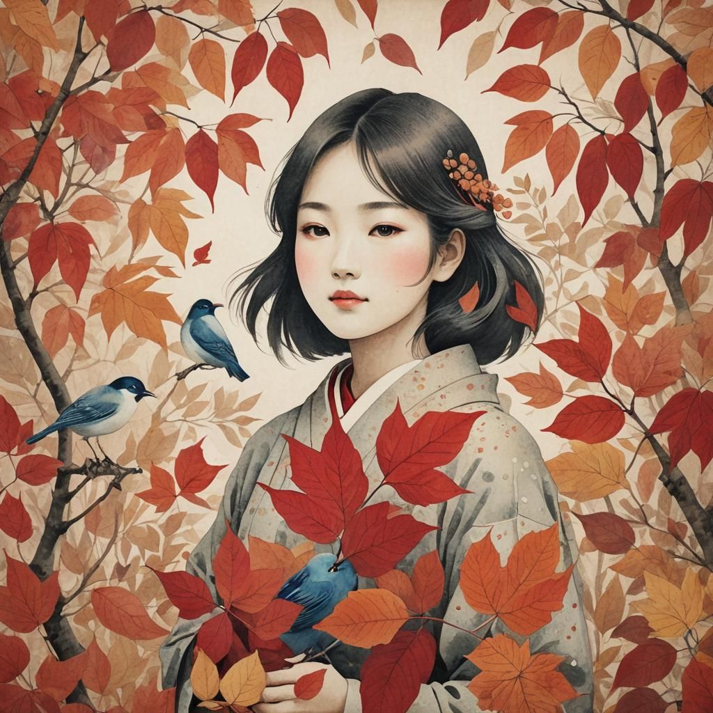 Girl in Autumn Landscape, in Nihonga Style