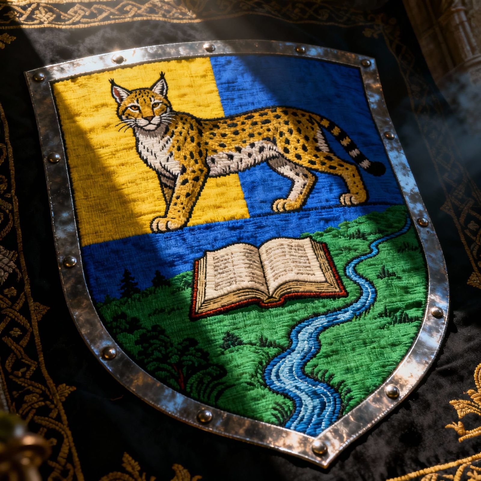 Heraldic Coat of Arms: Lynx, Book, River Emblem in Sable, Az...