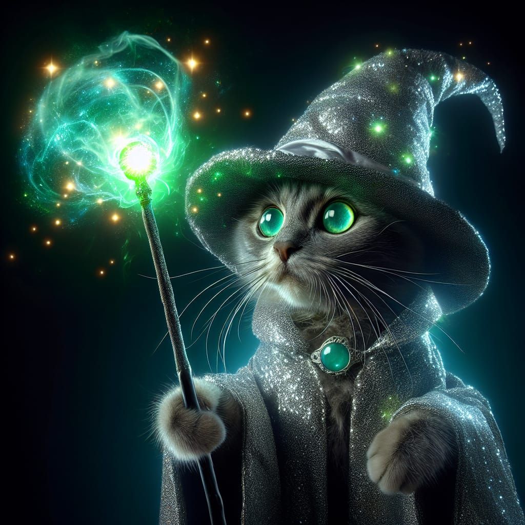 Wizard Cat Casting Green Magic Spell