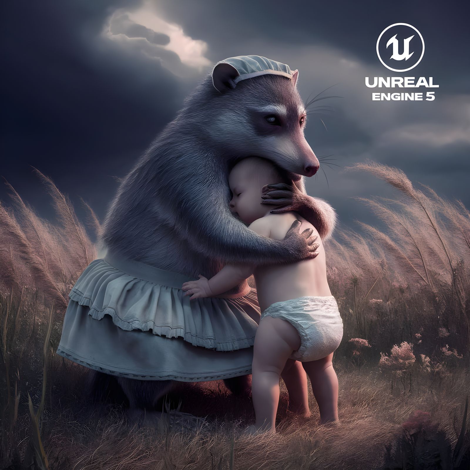 Racoon Housewife with Infant in Stormy Field