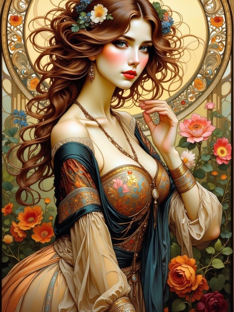 Art Nouveau Lady in Vintage Ballgown Beside Lush Plant