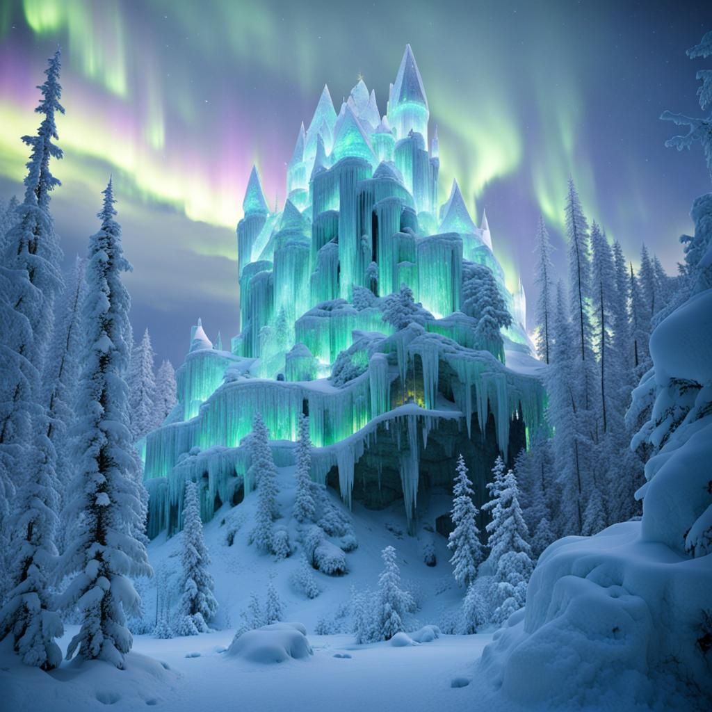 Crystal Castle Under Northern Lights in Taiga