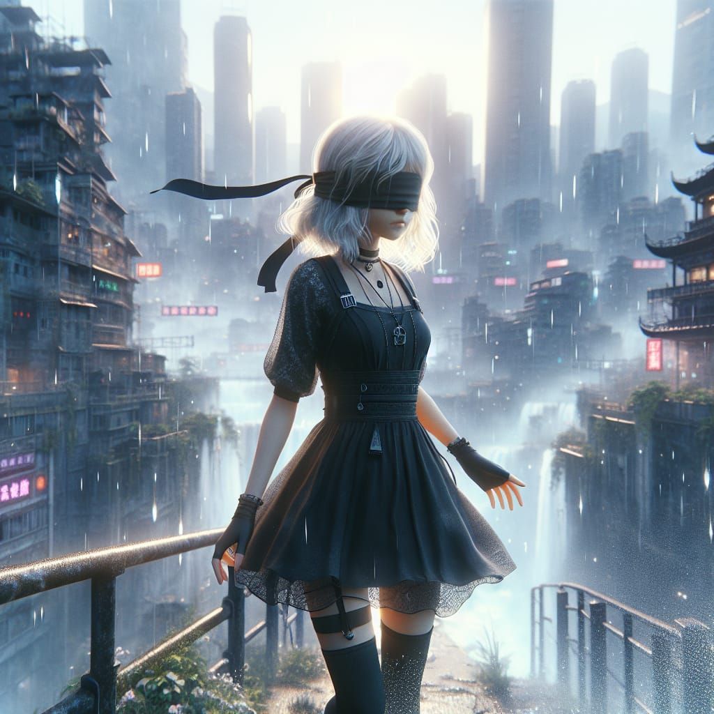 #young2B #blindfolded #cityruins #destruction #whitehair