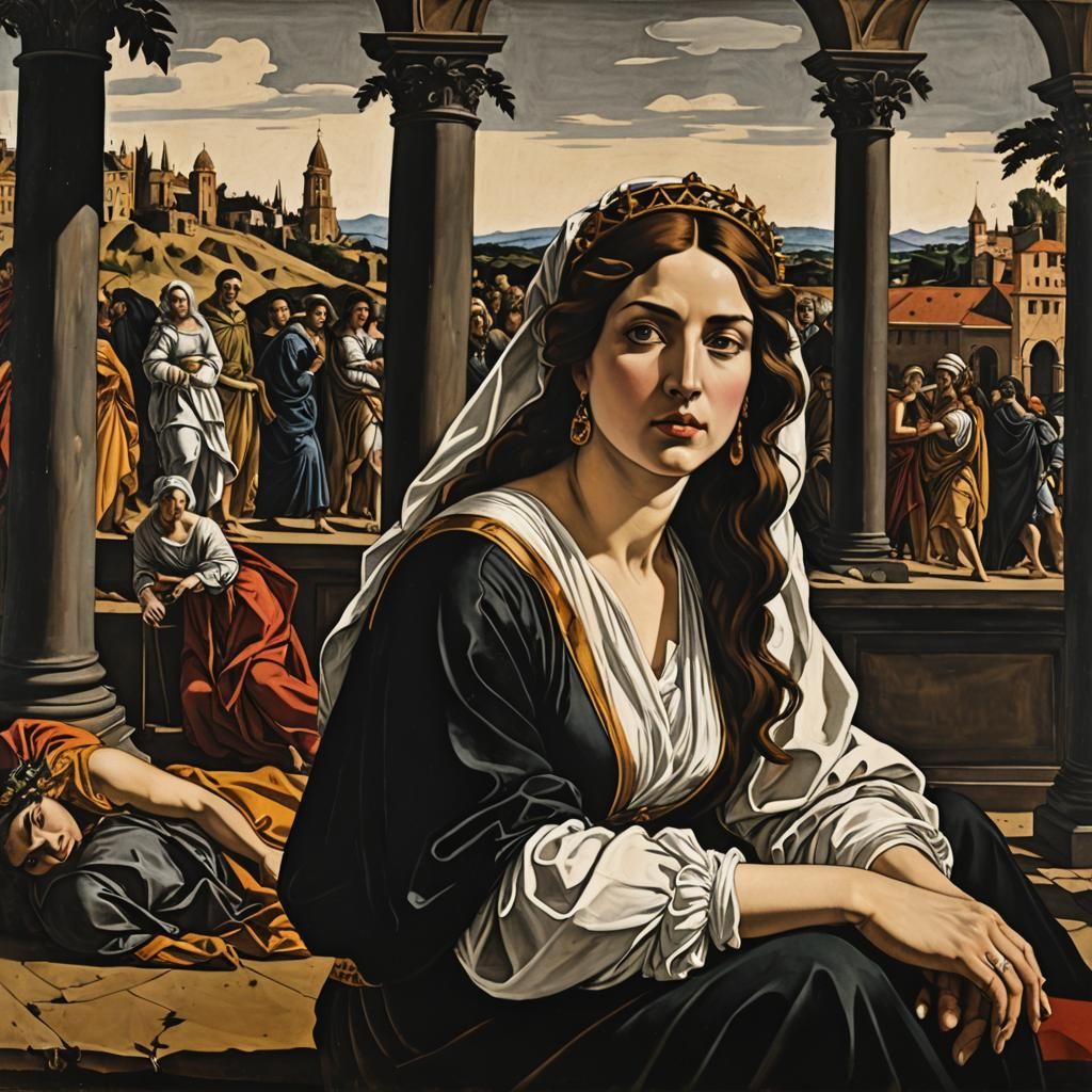 Fallen Lady of Babylon in Gouache Ink Print Style