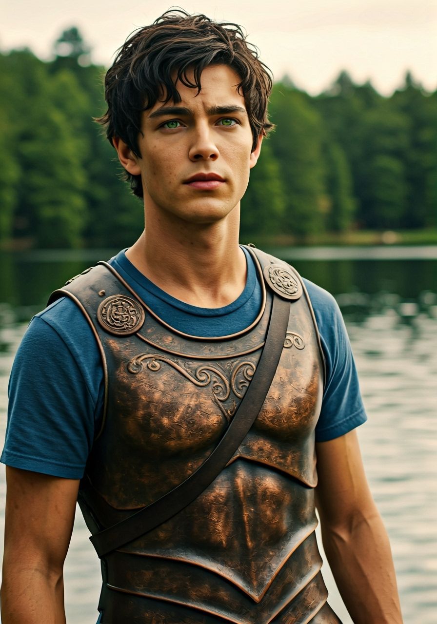 Percy Jackson in Greek Armor by a Serene Lake