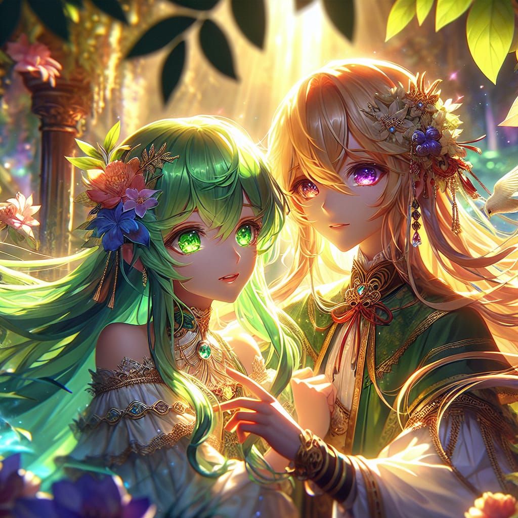 Anime Girls Embrace in Sunlit Forest: Fantasy Concept Art
