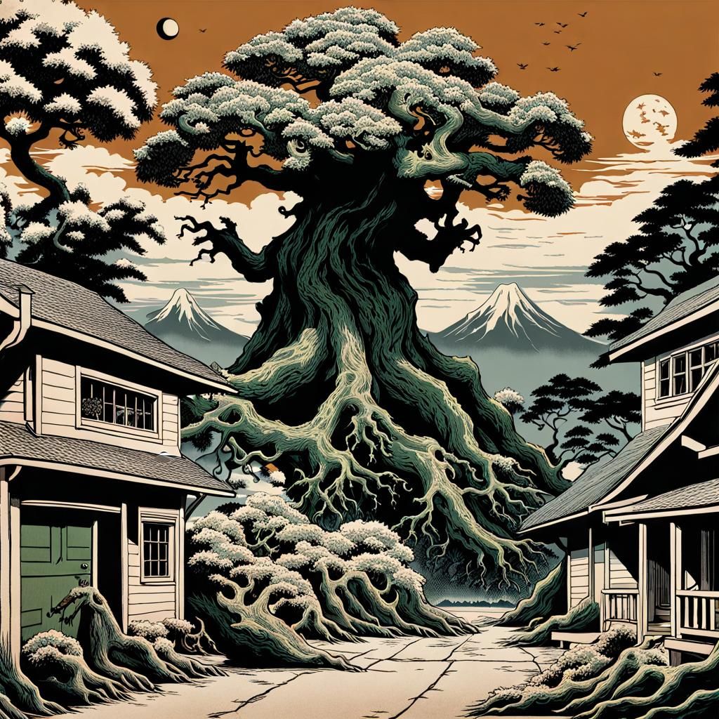 Treebeard Versus Aliens in Suburban Hokusai Print