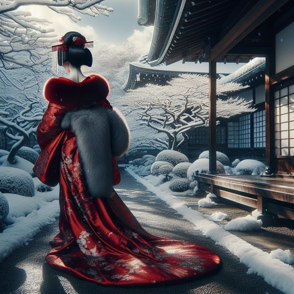 Geisha in Red Kimono in Winter Garden
