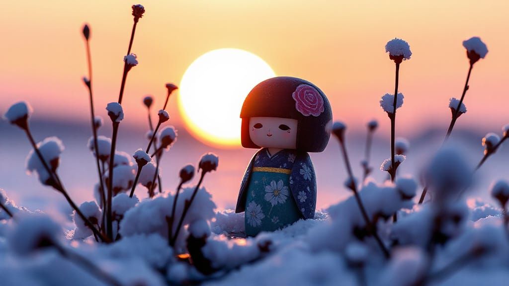 Kawaii Kokeshi Doll in Watercolor Art Brut Style