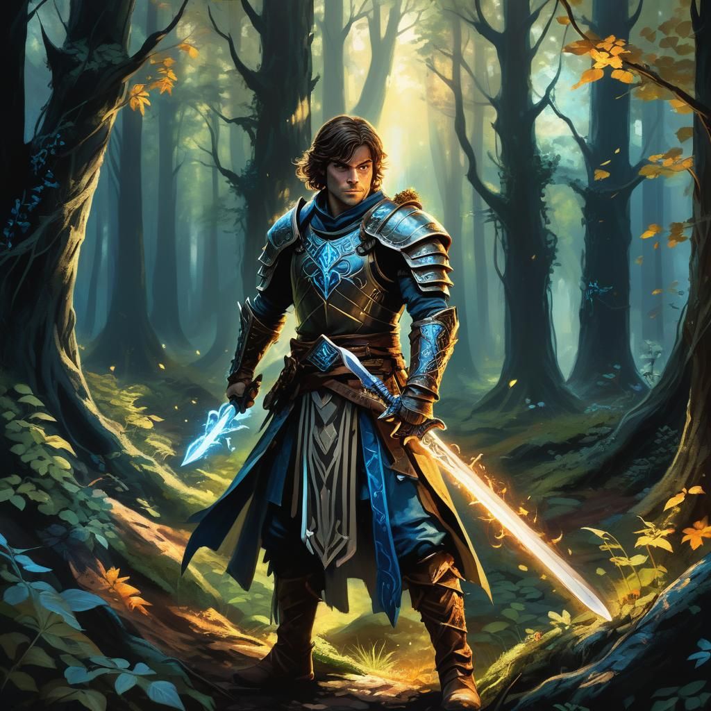 Paladin with Glowing Sword in Mystical Forest