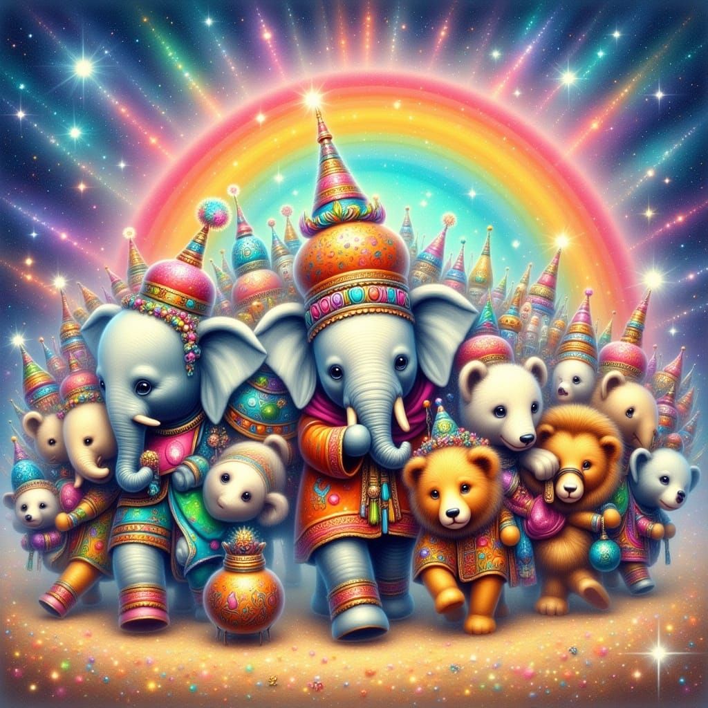 Magical Animal Parade Under Rainbow, Whimsical Illustration