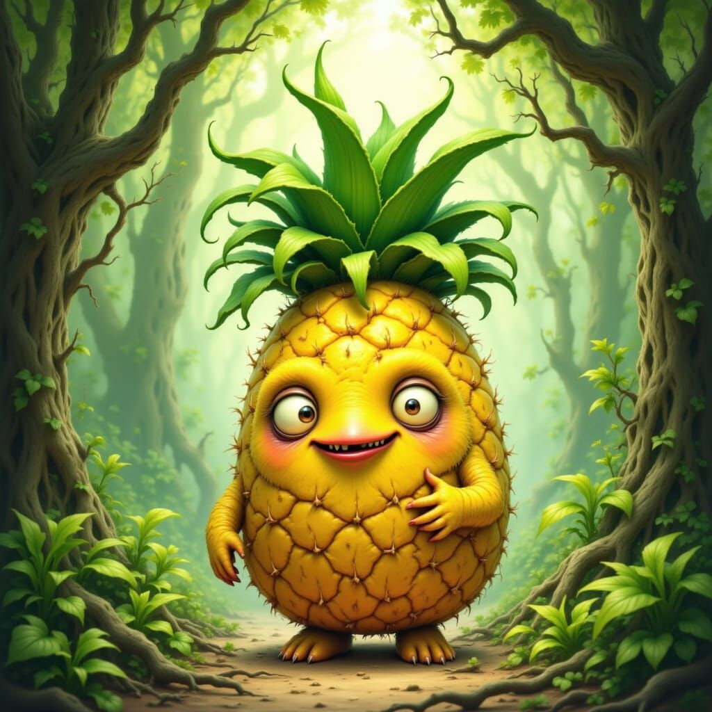 Whimsical Pineapple Creature in Tropical Jungle